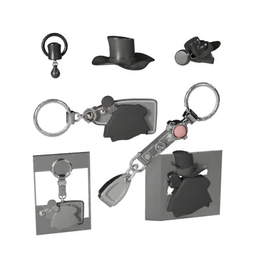 Minimal Keychain Stylized 3D model, stylized isometric render, showing metal, small wearable silhouette.