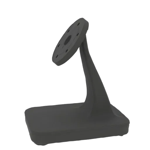 A 3D render of a modern black desk stand with a curved arm and a circular mounting plate, shown against a white background.
