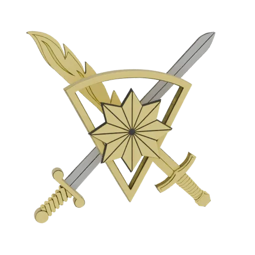 3D render of an ornate military emblem with crossed swords, a triangular shield, and a radiant star, rendered in gold and sil