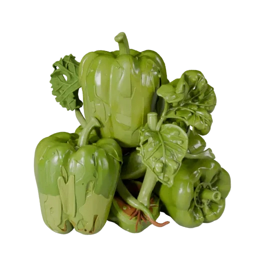 Modèle 3D imprimable de Poivron Bio, rendu STL isométrique, montrant les nervures des feuilles, des silhouettes de légumes cl