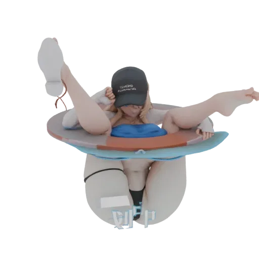 3D model of an anime girl with blonde hair, wearing a cap and swimwear, posing inside a colorful inflatable ring.