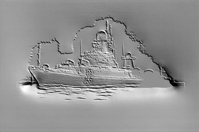 3D model of a warship bas-relief with hull number 255, presented as a sculpted relief on a gray background.