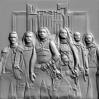 Modelo 3D de baixo-relevo com uma banda de seis roqueiros em estilo rock.