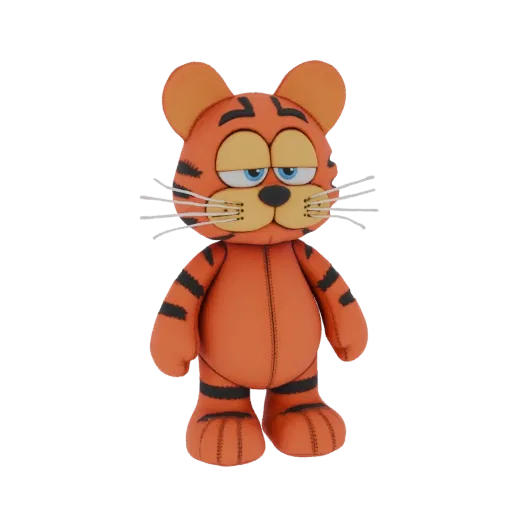 3D model of a grumpy tiger plush toy with orange and black stripes, blue eyes, and a stitched fabric texture.