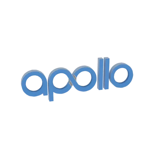 A 3D model of the 'Apollo' logo in blue, with the 'o' replaced by an infinity symbol.