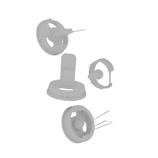 Exploded view 3D model of a white plastic water filter housing, showing individual components separated for clarity.