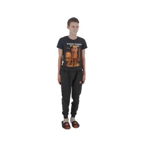 3D model of a young man standing, wearing a black graphic t-shirt, dark sweatpants, and red sandals.
