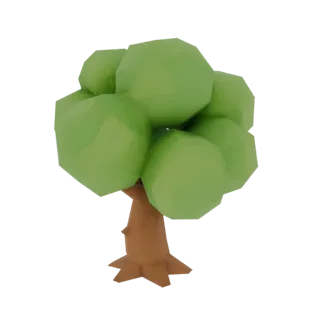 Modèle 3D d'arbre vert low poly avec tronc brun et canopée facettée, sur fond blanc.