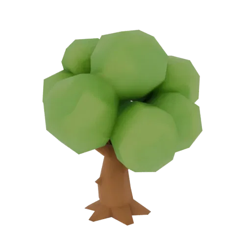 A low poly 3D model of a green tree with a brown trunk and a faceted canopy, set against a white background.