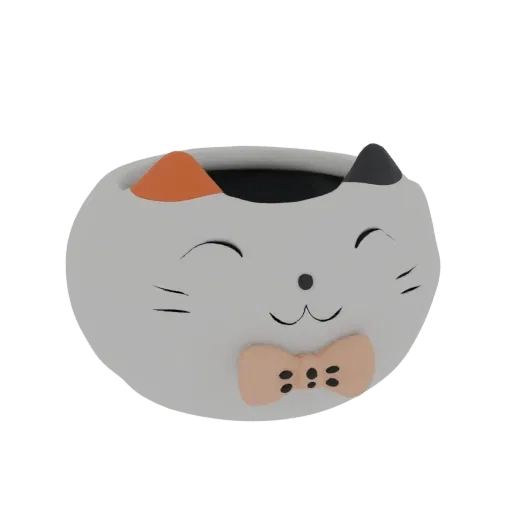 3D model of a cute gray cat planter pot with orange and black ears, closed eyes, and a peach bow tie.