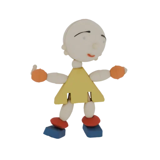 3D model of a claymation-style toy figure with a yellow dress, blue eyes, and a playful stance, standing on blue feet.