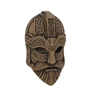 3D-Modell eines detaillierten Wikingerhelms mit kunstvollen Knotenmustern und fließendem Bart, gerendert in Bronze.