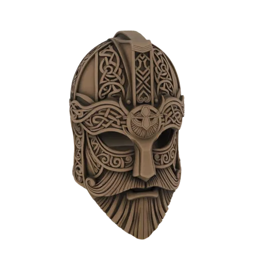 3D model of a detailed Viking helmet with intricate knotwork and a flowing beard, rendered in a bronze material.