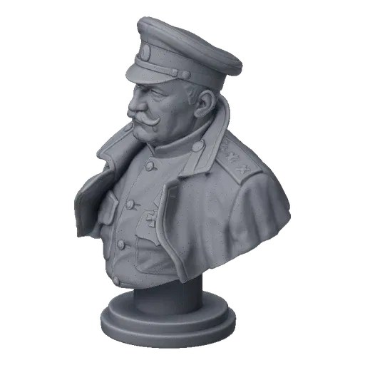 3D model render of a WWI German General bust, showing detailed uniform and stern expression, on a circular base.
