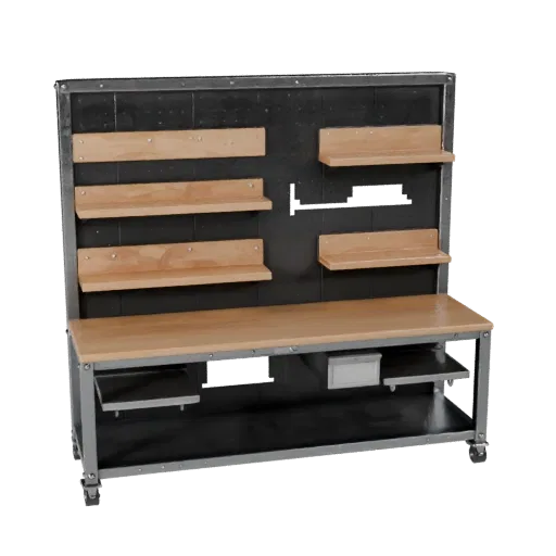 Maker Pegboard Wall Low Poly 3D model, game viewport three-quarter view, showing steel frames, stable fixtures.