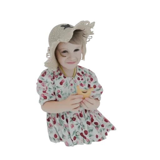 3D model of a smiling little girl wearing a straw hat and a cherry-print dress, holding a cookie.