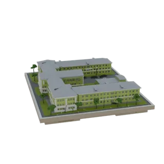 Modelo 3D de edificio hospitalario moderno en L con paredes verdes y techo gris, rodeado de árboles.