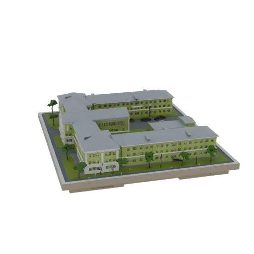 3D model of a modern L-shaped hospital building with green walls and grey roof, surrounded by trees.