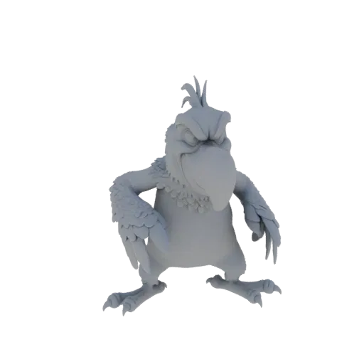 A 3D render of a grey, stylized, angry bird character with a large beak and a fierce expression, standing on its feet.