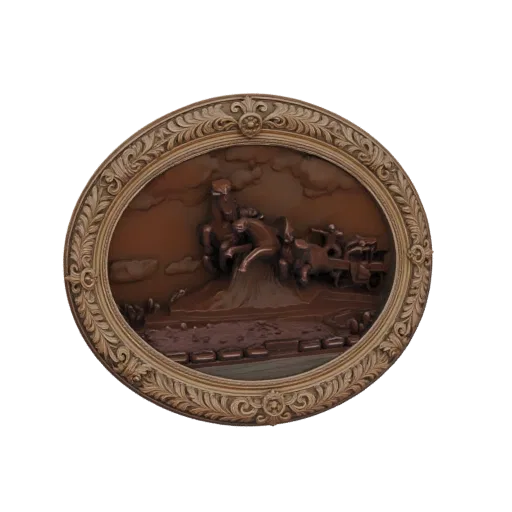 3D model of an oval relief sculpture depicting a dynamic chariot race with horses and chariots in motion, framed by an ornate
