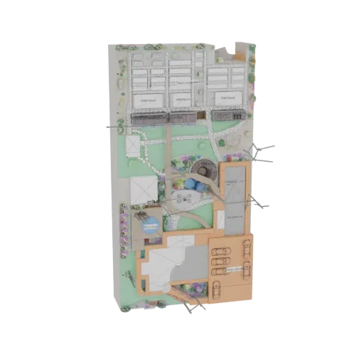 Top-down view of a 3D architectural model of a modern residential complex with a central courtyard, pool, and surrounding bui
