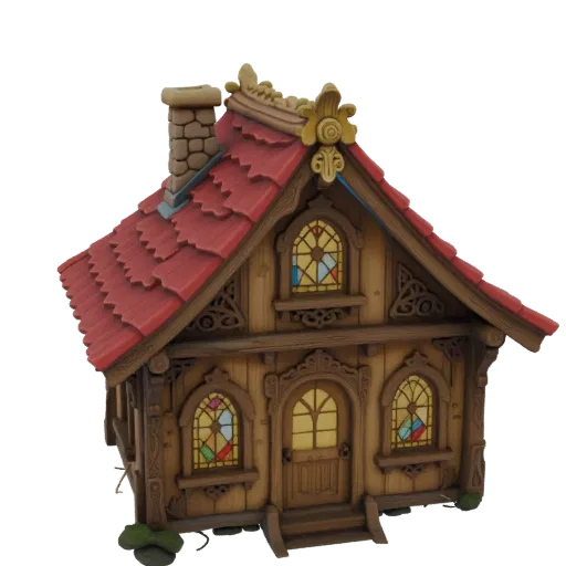 3D model of a charming Alpine chalet with red tiled roof, detailed wood carvings, and stained-glass windows.