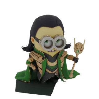 3D model of a Minion character dressed as Loki, wearing his horned helmet and green and gold armor, holding his scepter.