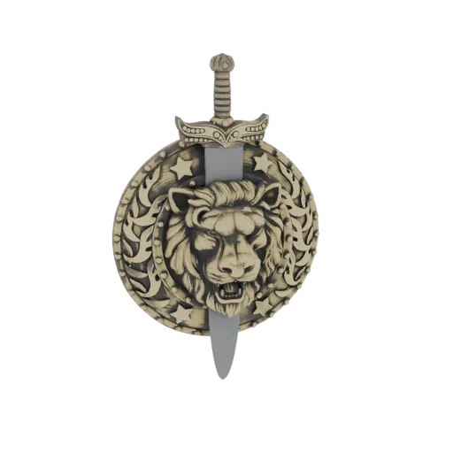 3D model of a metallic gold lion head shield with a sword plunged through it, featuring laurel leaf and star details.