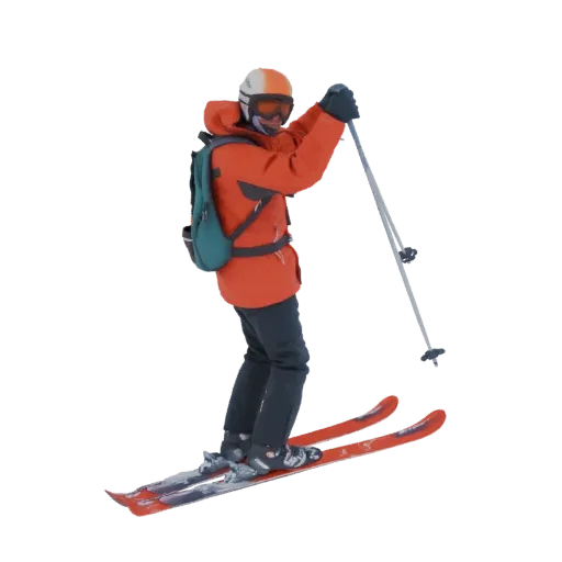 3D model of a skier in an orange jacket, wearing a helmet and goggles, holding ski poles and standing on skis.