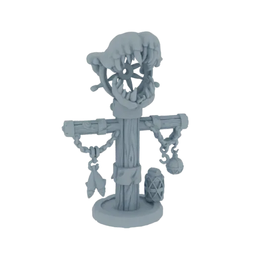 3D model of a grim goblin totem pole with a monstrous maw, chains, and dangling trinkets on a circular base.