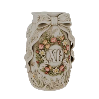 3D model of an Easter jar with bunnies, tulips, and a decorative bow, rendered in an off-white finish.