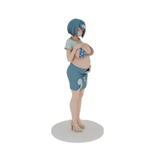 3D model of a pregnant woman wearing a US flag bikini top and a light blue t-shirt, standing on a white circular base.