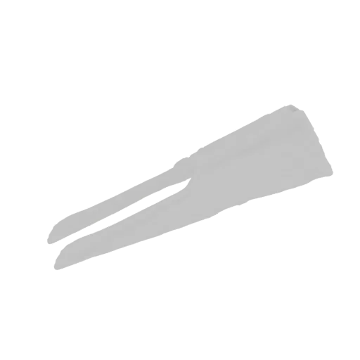 3D render of a light gray abstract sculpture with two prominent wing-like structures extending upwards and to the left.