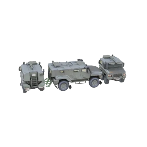 Render di modello 3D di un veicolo corazzato da trasporto truppe e un veicolo di supporto, visualizzati uno accanto all'altro