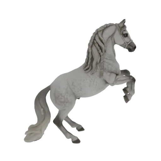 3D model of a white horse rearing up on its hind legs, with a braided mane and tail, against a white background.