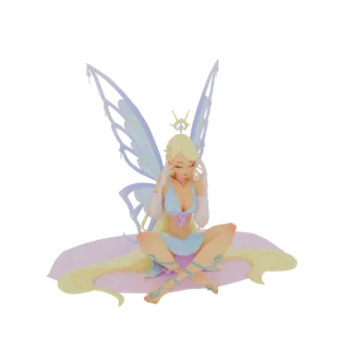 3D model of Seraphina, a celestial fairy with blonde hair and translucent wings, sitting peacefully with hands near her templ