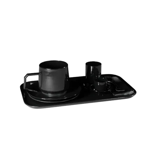 Modello 3D "Product Viz" Servizio da Tè per Caffè, rendering prodotto in studio tre quarti, che mostra ceramica, disposizione