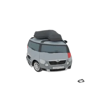 3D-Modell eines hellgrauen Cartoon-SUVs mit dunkelgrauer Dachbox und losem schwarzem Kabel vor weißem Hintergrund.