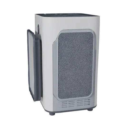 Compact Air Purifier Product Viz 3D model, home interior, three-quarter studio product render, plastic detail.