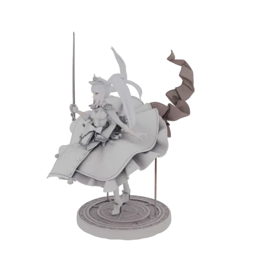 3D model of an elegant white queen in a flowing gown, holding a sword aloft, standing on a decorative circular base.