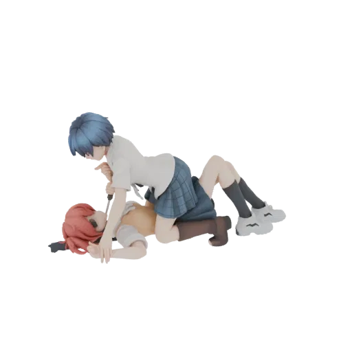 3D model of two anime girls in a struggle, one holding a knife, against a white background.