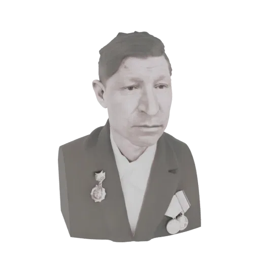3D model bust of a Soviet soldier wearing a uniform and two military medals, rendered in grayscale.