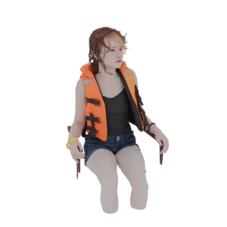 3D model of a young woman wearing an orange life vest and denim shorts, sitting on a chair, looking to the side.