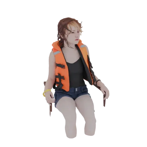 Modelo 3D mujer joven con chaleco salvavidas naranja y shorts vaqueros, sentada en silla, mirando a un lado.