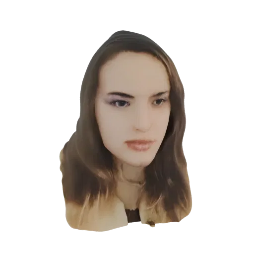 Rendering del modello 3D di una ragazza anime con cappuccio marrone, capelli castani lunghi e tratti del viso dettagliati.