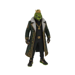 3D model of the Grinch character dressed as a king, wearing a golden crown and a large gold chain, with a festive green coat.