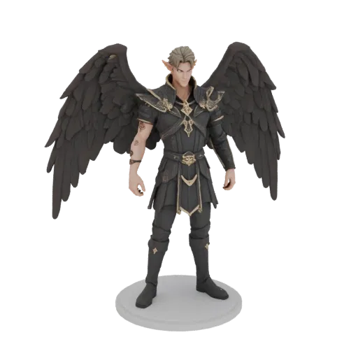 3D model of a High Lord of the Night Court in black attire with gold embroidery and large black wings, standing on a round ba