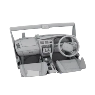 Modèle 3D d'un intérieur de SUV des années 90, montrant le tableau de bord, le volant, la console centrale et les sièges avan