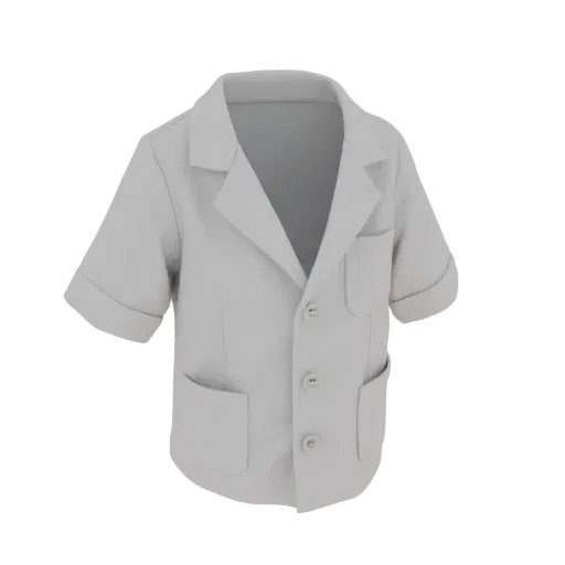 A 3D model render of a plain, light-colored short-sleeve lab coat with a collar and buttons.