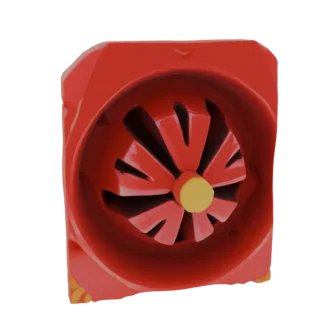 Modèle 3D d'une sirène industrielle rouge avec rotor central jaune, vu de face.